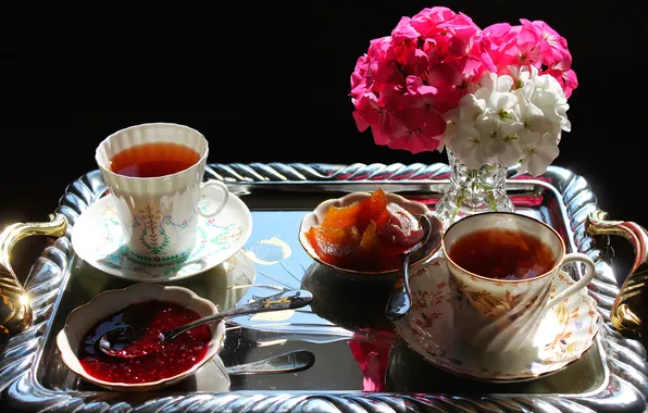 Flowers, tea, bouquet, Cup, vase, still life, jam, set