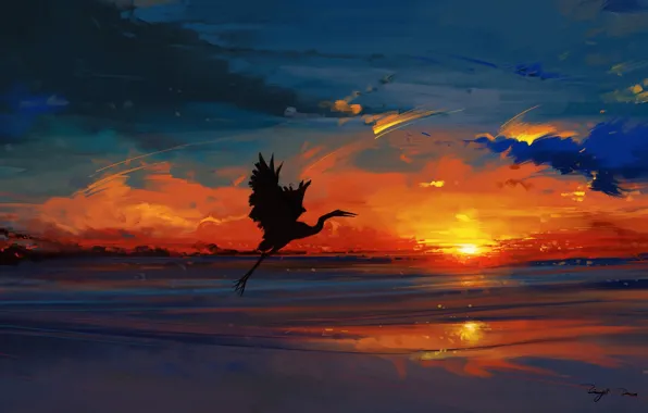 Sky, sea, landscape, nature, bird, sunset, water, art
