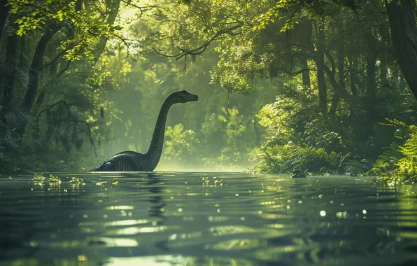 Lake, Trees, Dinosaur, Neck, Animal, Digital art, Ancient animals, Extinct animals