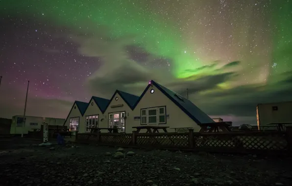 Field, stars, night, the fence, home, Northern lights, houses