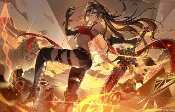 Sunset, smile, weapons, robot, Leo, Desert, grin, stand