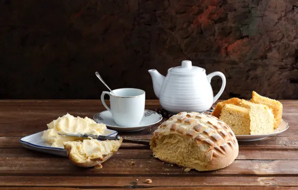 Oil, kettle, bread, Cup, dishes, still life