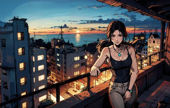 Girl, the city, dawn, the game, Lara Croft