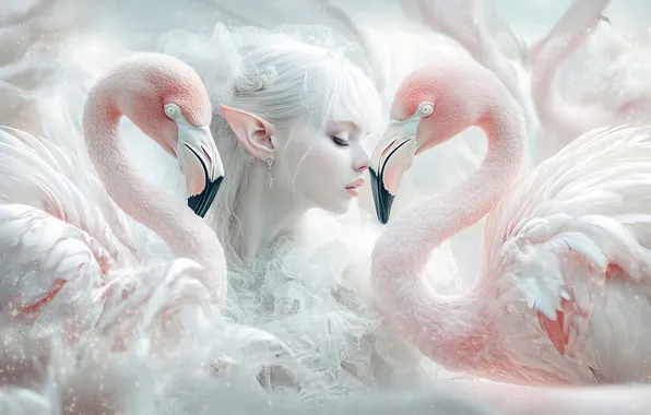 Girl, birds, fantasy, elf, Flamingo, AI art, neural network