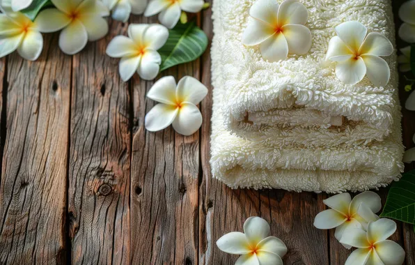 Flowers, Board, towel, white, towels, plumeria, frangipani, SPA