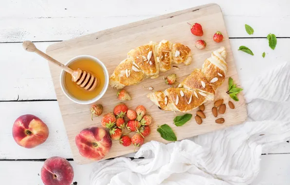 Picture berries, Breakfast, strawberry, honey, peaches, strawberry, breakfast, croissant