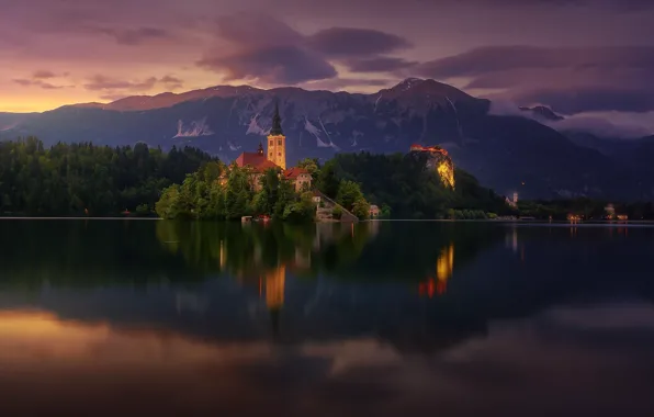 Summer, clouds, mountains, lake, the evening, morning, Bled, Bled lake