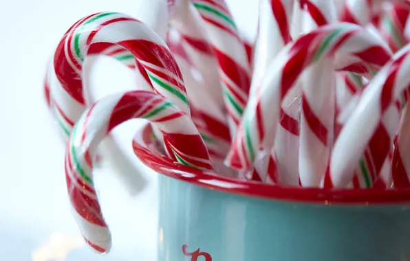 Macro, Christmas, candy, mug, New year, lollipops, holidays