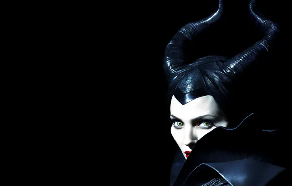 Picture look, Angelina Jolie, Angelina Jolie, horns, the witch, black background, Maleficent, Maleficent