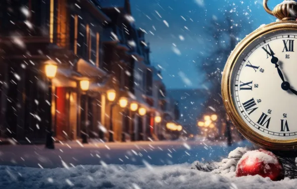 Winter, snow, night, time, watch, Christmas, panorama, New year