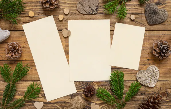 Branches, holiday, Board, Christmas, hearts, New year, cardboard, needles