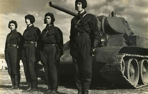 Picture machine, photo, black and white, tank, Victory, combat, the crew, tankers