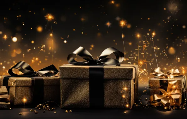 The dark background, gift, Christmas, gifts, New year, black background, gold plated, bows
