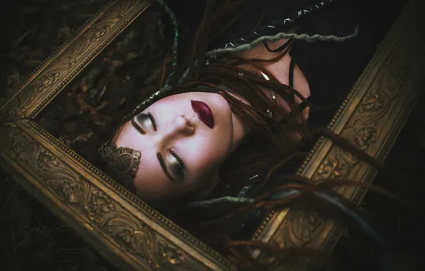 Girl, style, the dark background, frame, sleep, makeup, fantasy, sleeping