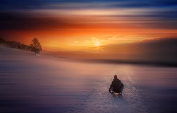 Winter, snow, sunset, sled