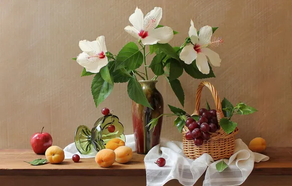 Flowers, Apple, grapes, vase, still life, basket, apricots, hibiscus