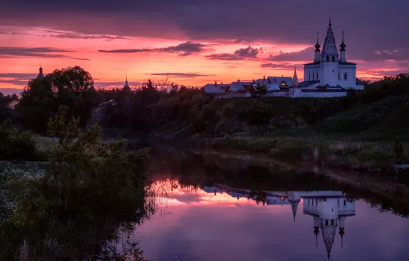 Landscape, nature, the city, reflection, river, dawn, the monastery, Bank
