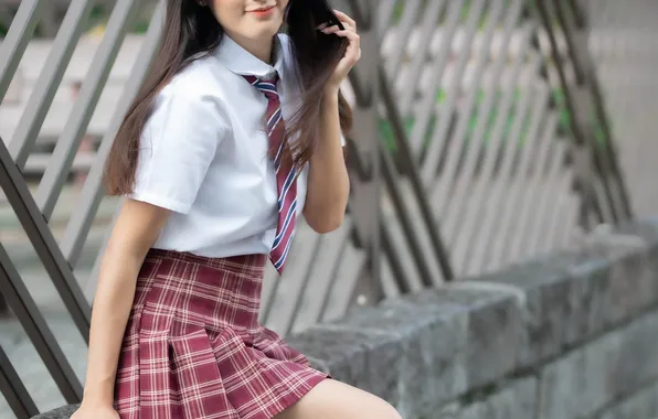 Smile, Asian, Schoolgirl, Brunette, Feet, Skirt, Blouse, Tie