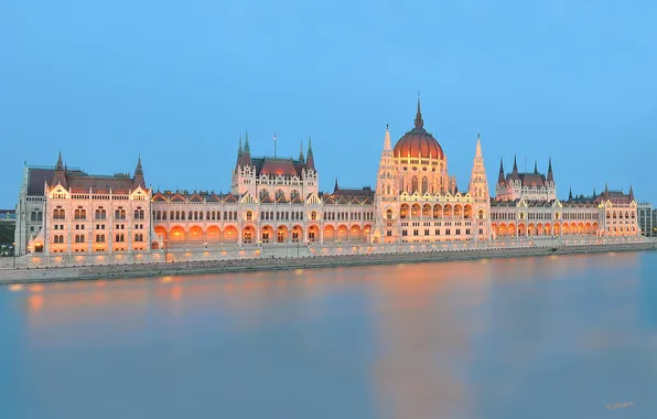 Lights, river, Parliament, Hungary, Budapest, The Danube