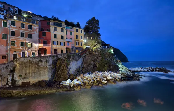 The sky, night, lights, rock, stones, home, Bay, Italy