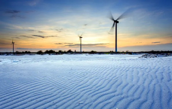 The sky, landscape, sunset, windmills