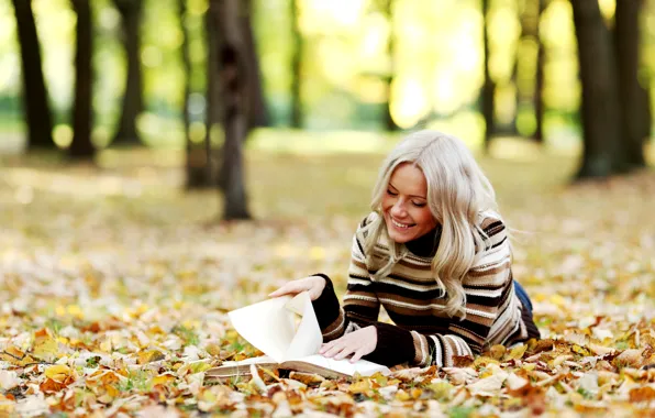 Picture autumn, leaves, girl, trees, smile, blonde, book, reads