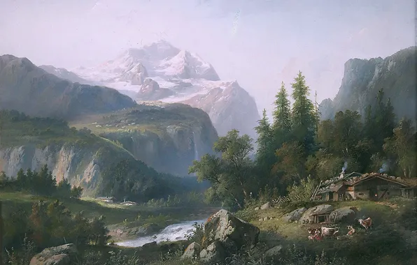 Mountains, Trees, House, Picture, River, Austrian landscape painter, Edward Boehm, Eduard Boehm