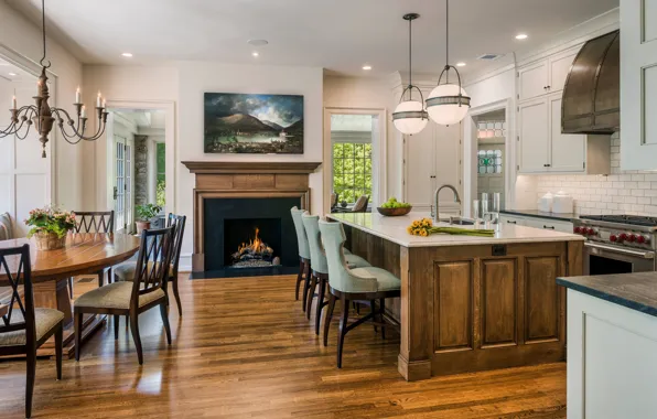 Interior, kitchen, fireplace, cozy, dining room
