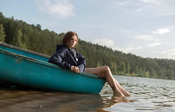 Picture forest, girl, trees, river, shore, boat