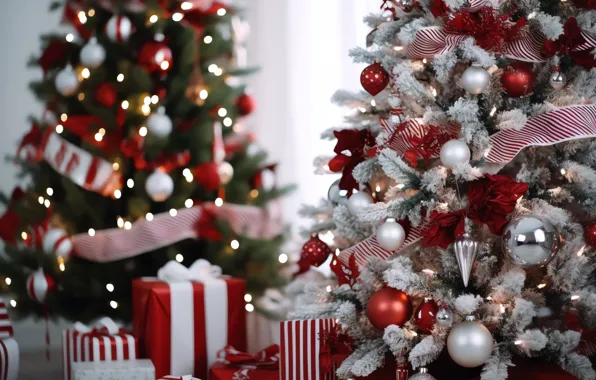 Balls, Christmas, red, New year, tree, white, herringbone, elegant
