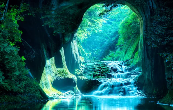 Forest, waterfall, cave