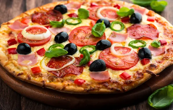 Cheese, bow, pizza, tomatoes, dish, olives, the dough, ham