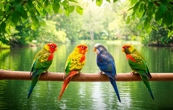Leaves, water, trees, Wallpaper, branch, art, wallpaper, parrots