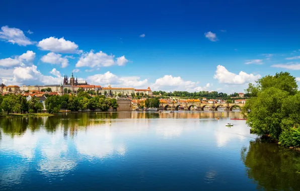 Bridge, river, Prague, Czech Republic, panorama, Vltava