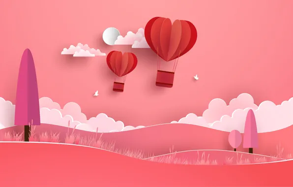 Pink, Hearts, Background, Rendering, Obloka