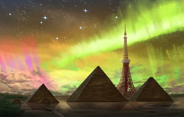 Northern lights, fantasy, pyramid, Tokyo tower