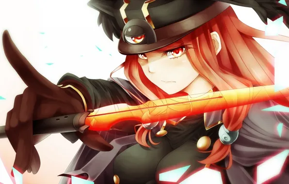Picture girl, weapons, sword, hat, anime, art, blazblue, inaba sunimi