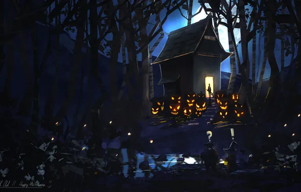 Forest, night, house, the moon, art, pumpkin, evil, happy halloween