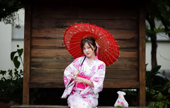 Picture look, girl, umbrella, kimono, Asian