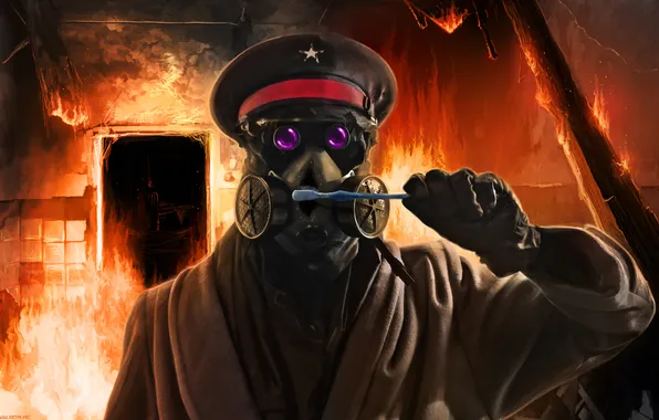 Picture fire, fire, art, gas mask, captain, cap, Romantically apocalyptic, toothbrush