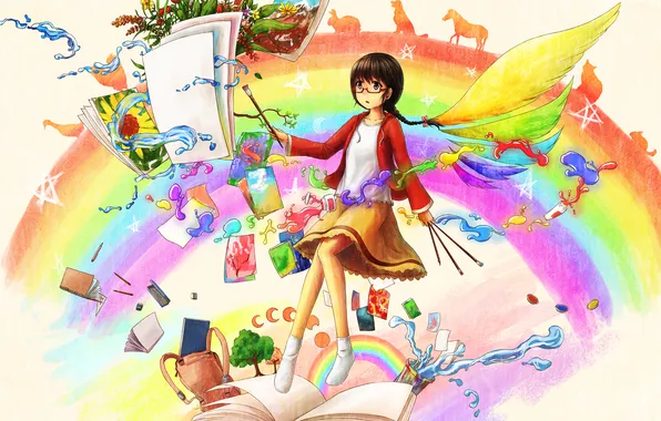 Animals, girl, paper, paint, wings, rainbow, art, glasses