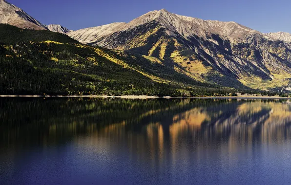 Water, trees, mountains, nature, lake, surface, photo, rocks