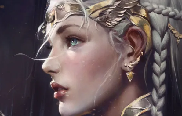 Earrings, braids, elf, blue eyes, Diadema, princess, in profile, pointy