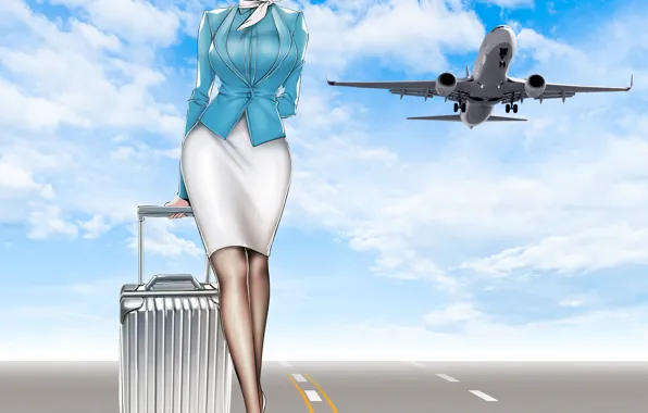 Girl, sky, woman, airplane, walk, stewardess, flight attendant