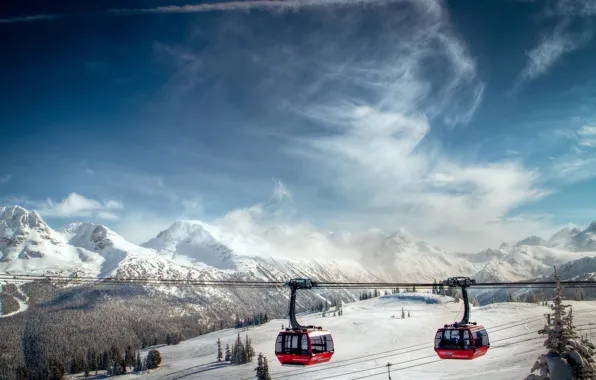 MOUNTAINS, The SKY, CLOUDS, TOPS, SNOW, WINTER, TOURISM, CABLE CAR