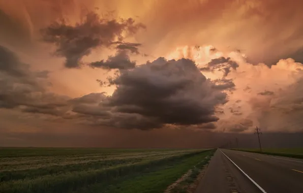 Road, field, the sky, landscape, clouds, nature, horizon