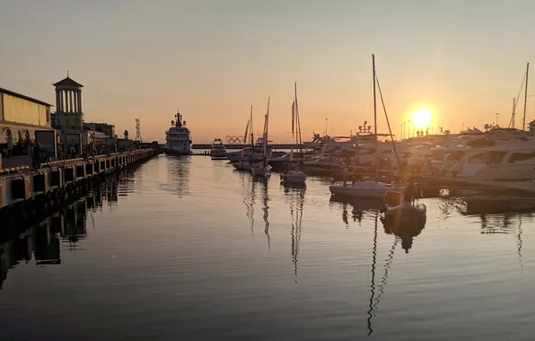 Water, sunset, Marina, boats, Sochi, river station