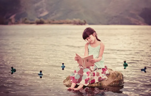 Stone, girl, book, in the water, Tales of distant countries