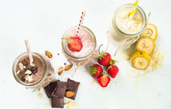 Chocolate, strawberry, glasses, banana, almonds, smoothies