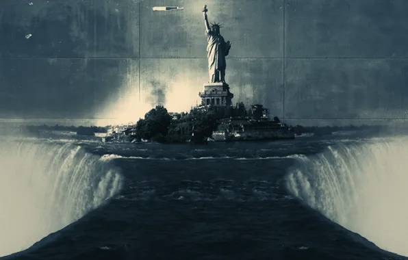 Wall, waterfall, the statue of liberty